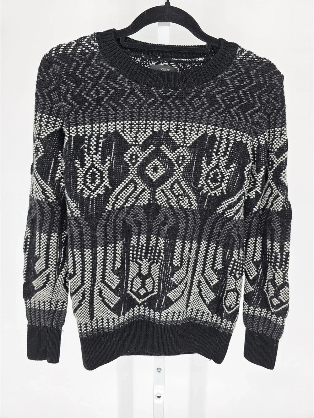J Crew Mens Sz S Crew Neck Sweater Black White Tribal Cotton Wool Blend